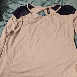 Adore Me Light Pink Long-Sleeve Top with Navy Mesh Shoulders